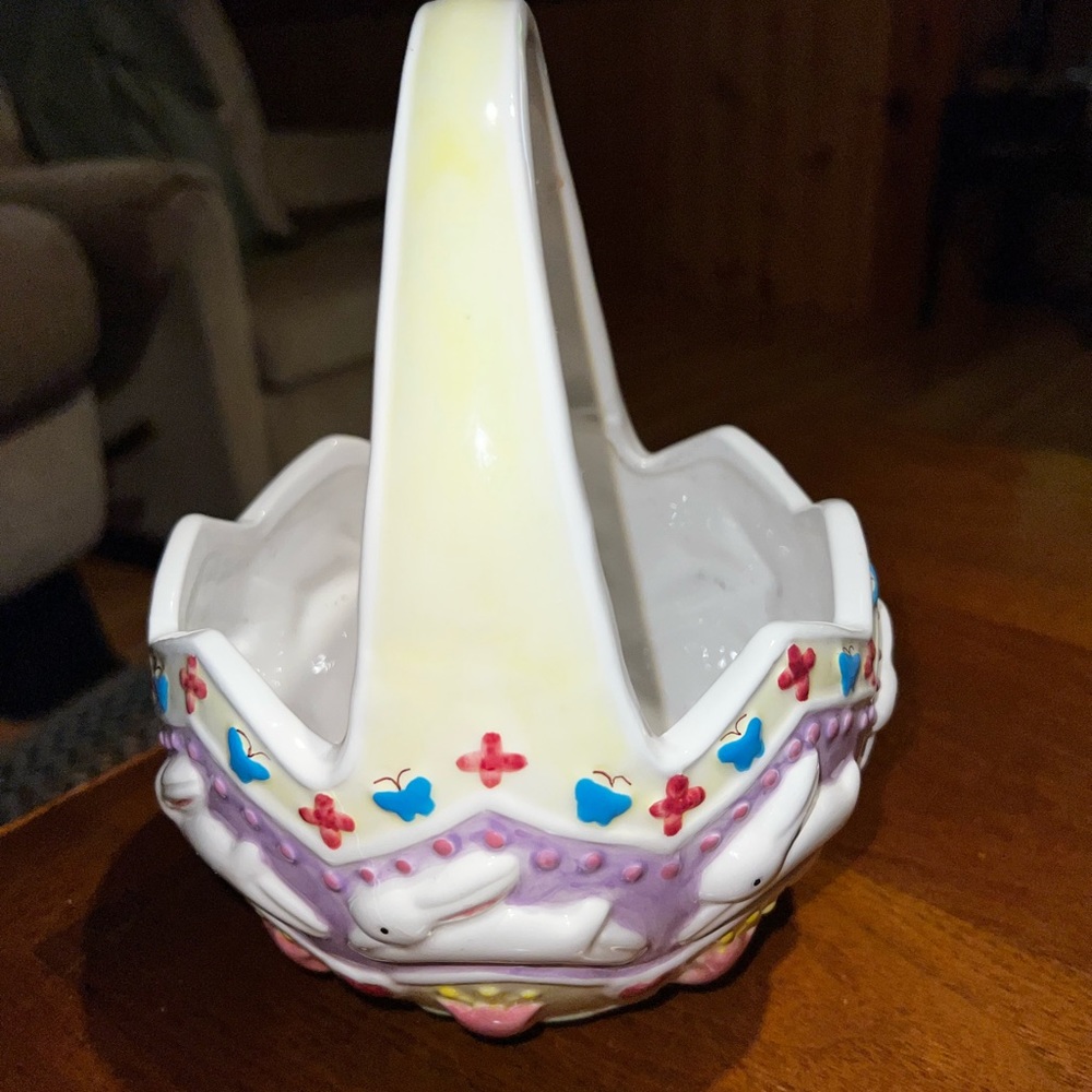 Ceramic Multicolored Easter Basket With Rabbit And Flowers - Picture 4 of 10